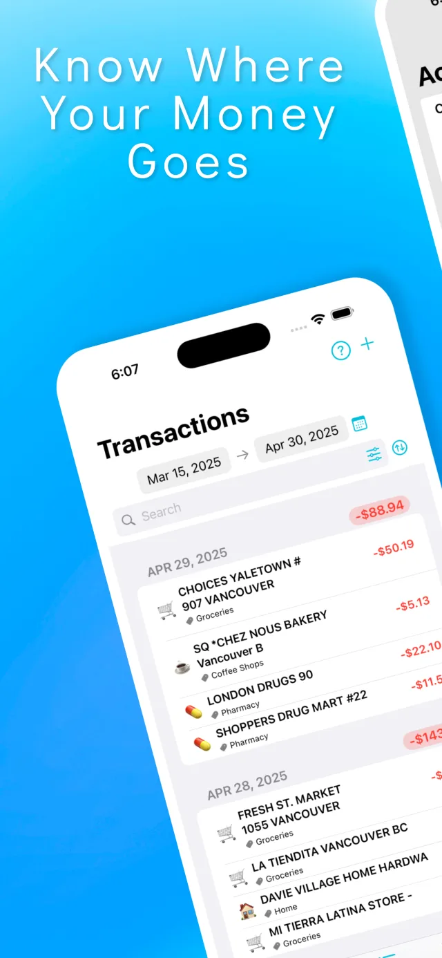 Search, sort and filter every transaction by date range, category or account.